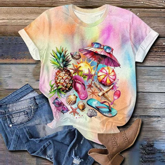Sakmal Tropical T Shirts Crew Neck Beach Hawaiian Short Sleeve Shirts Going Out Tops for Women