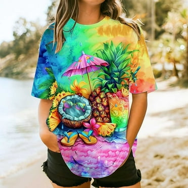 Sakmal Tropical Tee Beach Crew Neck Short Sleeve Hawaiian Shirts Womens Summer Tops