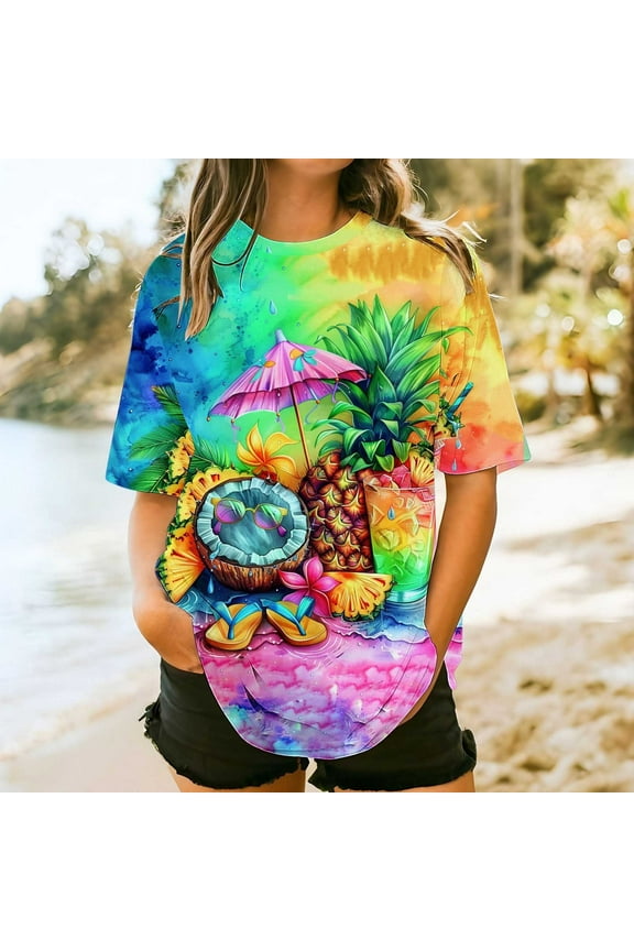 Tropical Tee Beach Crew Neck Short Sleeve Hawaiian Shirts Womens Summer Tops