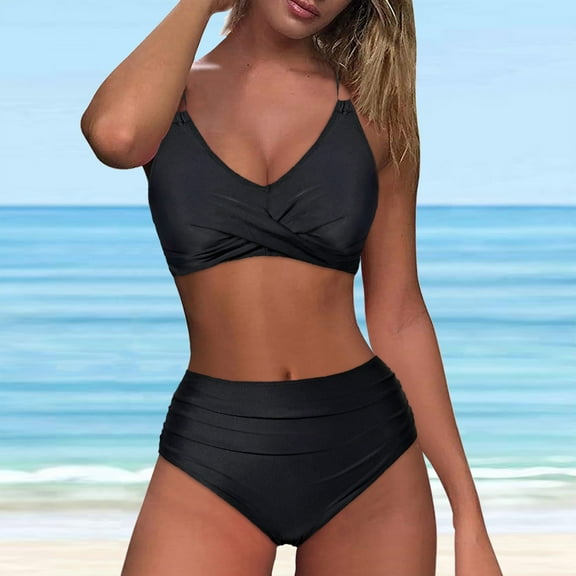Sakmal Tummy Control Bathing Suit for Women Bikini Sets Two Piece Black High Waisted Bathing Suits Push Up Swimsuit Sets