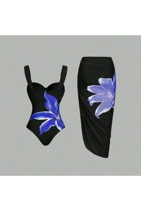 Tummy Control Bathing Suit for Women Blue Two Piece Sets Backless One-Piece Bathing Suits Full Coverage Swimsuit Sets