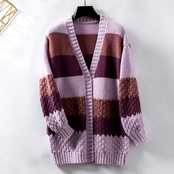 Sakmal Tunic Cardigan Sweaters Womens Casual Open Front Loose Cardigan Color Block Purple Long Outwear Coat