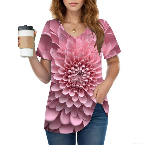 Sakmal Tunic T-Shirts Floral Fashion Short Sleeve V-Neck Shirts T-Shirts Summer Outfits for Women