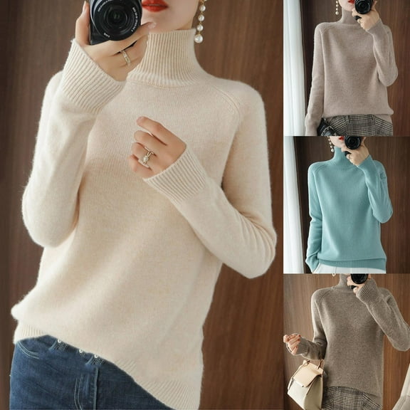 Sakmal Turtleneck Sweaters for Women Trendy Beige Lightweight Streetwear Plain Women Sweaters L