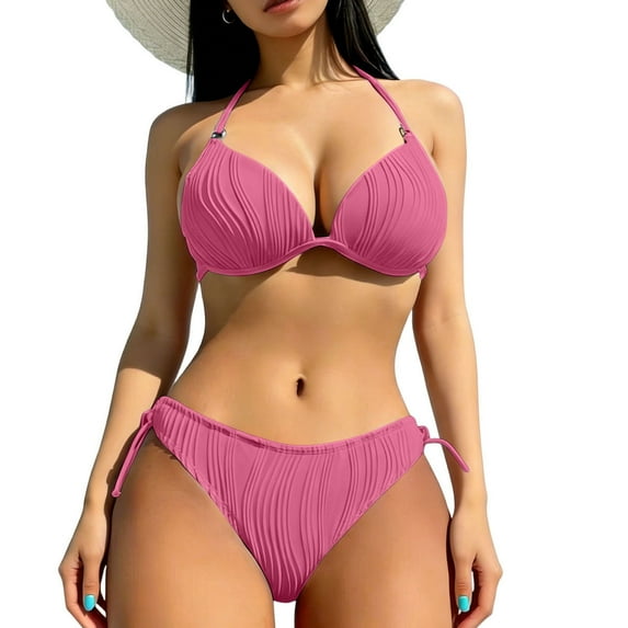 Sakmal Two Piece Bikini Btahing Suits Women Push Up Swimwear Beach Pink Solid Womens Bathing Suits XL