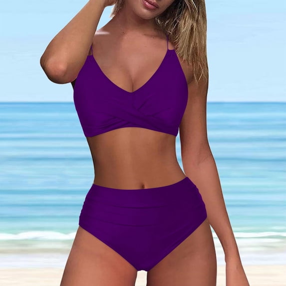 Sakmal Two Piece Bikini Sets for Women Cross Back Purple High Waisted Bathing Suits Padded Push Up Swimsuit Sets