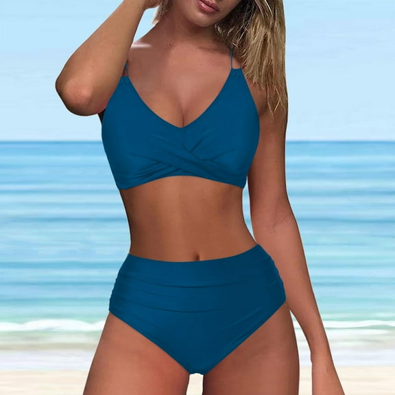Sakmal Two Piece Bikini Sets for Women High Waisted Blue Bathing Suits Padded Push Up Swimsuit Sets