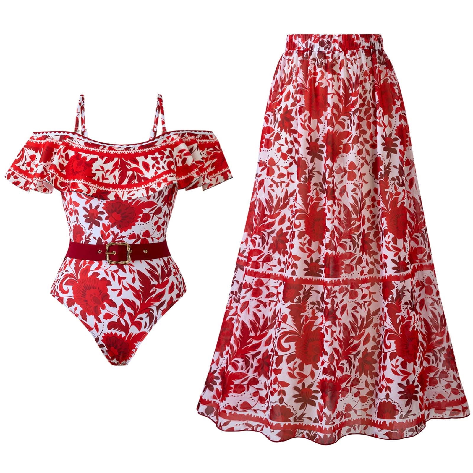 Sakmal Two Piece Sets Swimsuits for Women Tummy Control Ruffle Red One ...