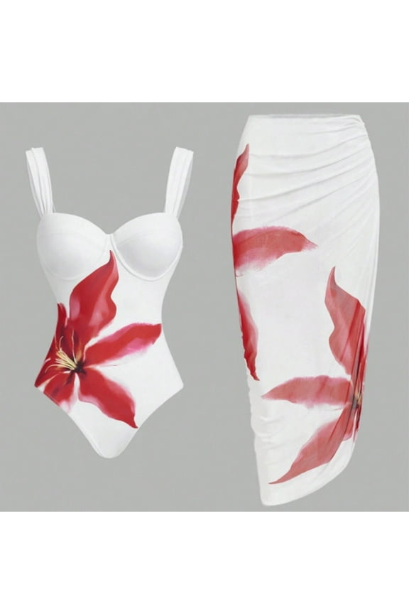 Two Piece Sets Womens Swimsuits Tummy Control Backless Red One-Piece Swimwear Full Coverage Swimsuit Sets