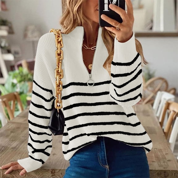 Sakmal Ugly Fall Sweaters for Women Beige Zip-Up Striped Tops Long Sleeve Loose Funnel Neck Sweaters for Women