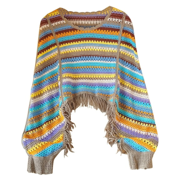 Sakmal Ugly Fall Sweaters for Women Cropped Striped Brown Crochet Tops Crew Neck Long Sleeve Casual Sweaters for Women