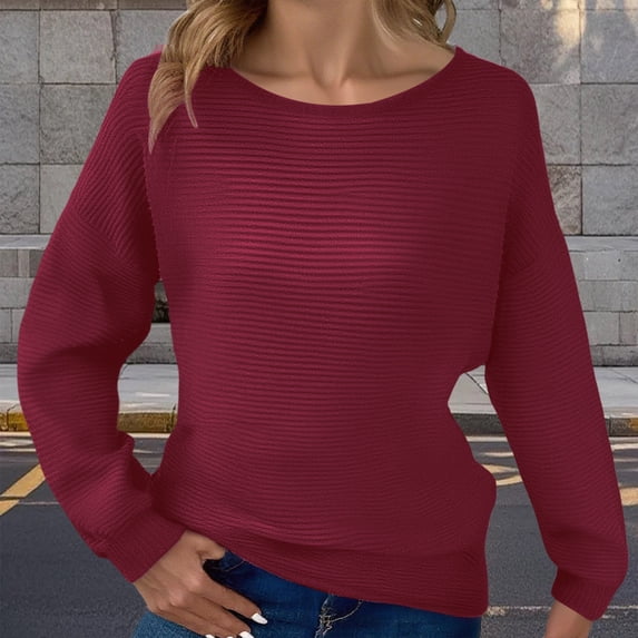 Sakmal Ugly Sweaters Women Pullover Red Ribbed Oversized Tops Trendy Solid Long Sleeve Crew Neck Sweaters for Women