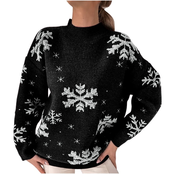 Sakmal Ugly Sweaters for Women Trendy Holiday Black Christmas Cozy Snowflakes Print Crew Neck Knit Women Sweaters S