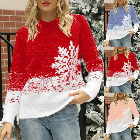 Sakmal Ugly Womens Wool Sweater Christmas Oversized Blue Holiday Snowflakes Print Loose Crew Neck Ladies Sweaters L