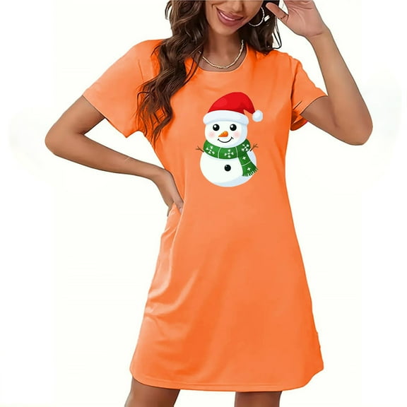 Sakmal Ultra-Soft Moomoos for Women Sleep Oversized Comfy Christmas Orange Moomoo Dress Short Crew Neck Short Sleeve Snowmen Print Nightgowns S-2XL