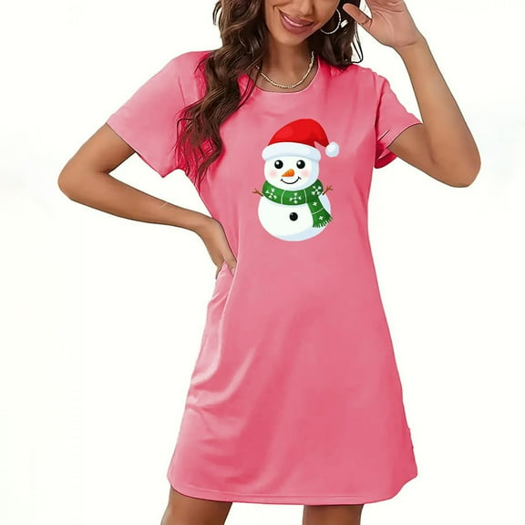 Sakmal Ultra-Soft Women Moomoo Nightgowns Christmas Oversized Pink Cozy Pajama Dress Short Sleeve Crew Neck Snowmen Print Short Nightgowns S-2XL