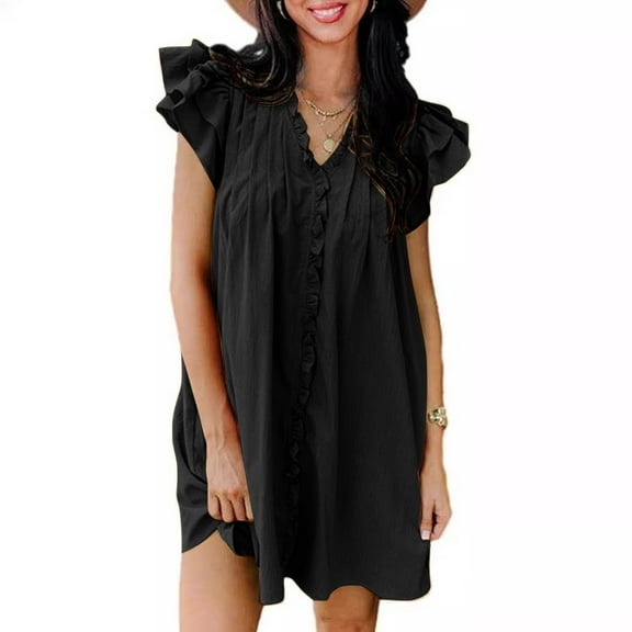 Sakmal V-Neck Casual Summer Dresses for Women Black Mid-Length Pleated Solid Sleeveless Ruffle Shift Dress