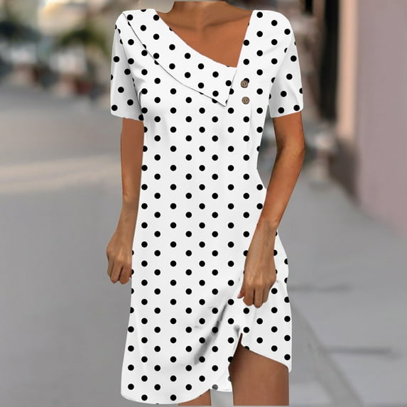 Sakmal V Neck Dresses Women's Mini Short Sleeve Shift White Polka Dot Dresses ,Sizes S-2XL
