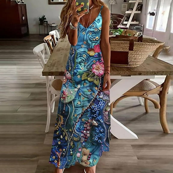 Sakmal V-Neck Dresses for Women Long Pleated Sleeveless Floral Loose Fit Slip Dress