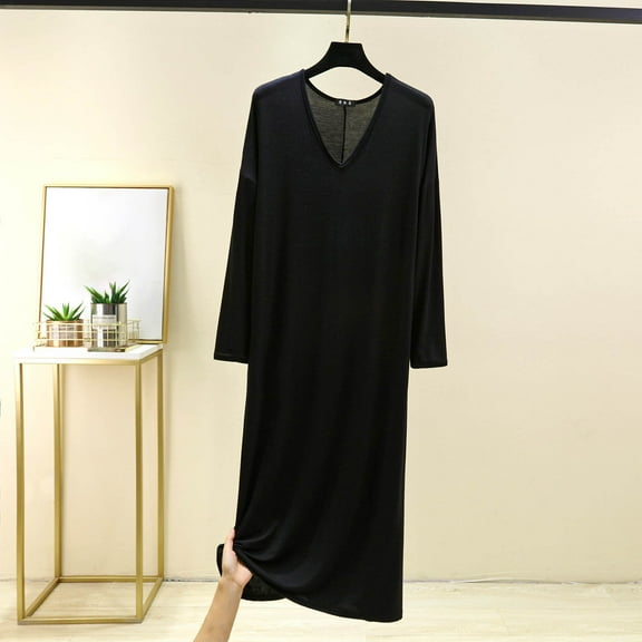 Sakmal V Neck Nightgowns for Women Modal House Dress Comfortable Black Long Sleeve Womens Nightgowns 5X