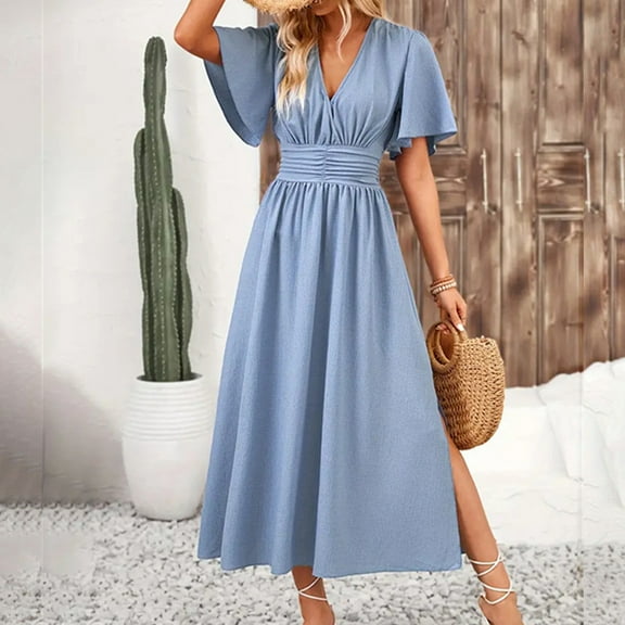 Sakmal V-Neck Plus Size Summer Dresses Blue Long Opening Solid Short Sleeve Pleated Ruffle A-Line Dress