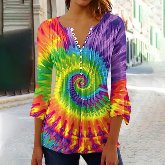 Sakmal V-Neck Shirts for Women 3/4 Sleeve Button Down Tunic Tie Dye Shirts Blouses Tops for Women Trendy