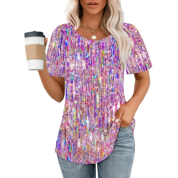Sakmal V-Neck Spring Tops for Women 2024 Short Sleeve Purple Glitter Pleated Tunic Oversized Shirts for Ladies