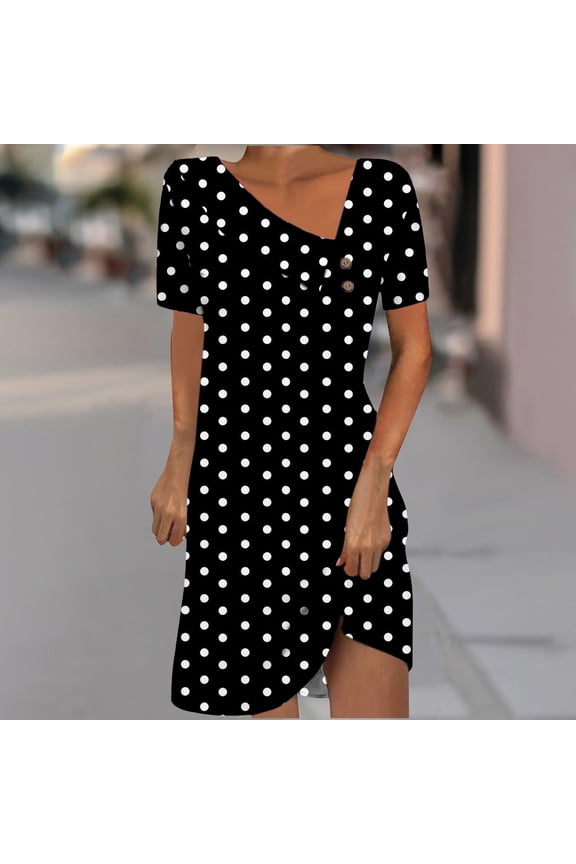 V Neck Summer Dresses Shift Short Sleeve Mini Black Polka Dot Dresses ,Sizes S-2XL