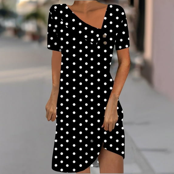 Sakmal V Neck Summer Dresses Shift Short Sleeve Mini Black Polka Dot Dresses ,Sizes S-2XL