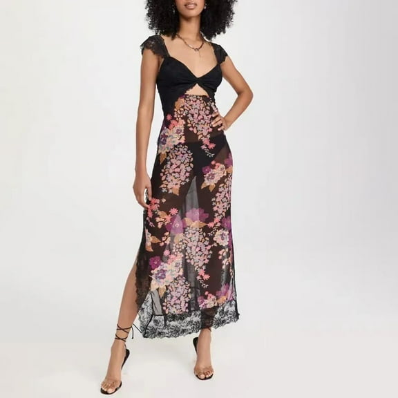 Sakmal V-Neck Summer Dresses for Women 2024 Black Long Sexy Lace Floral Sleeveless Cutout Fit & Flare Dress