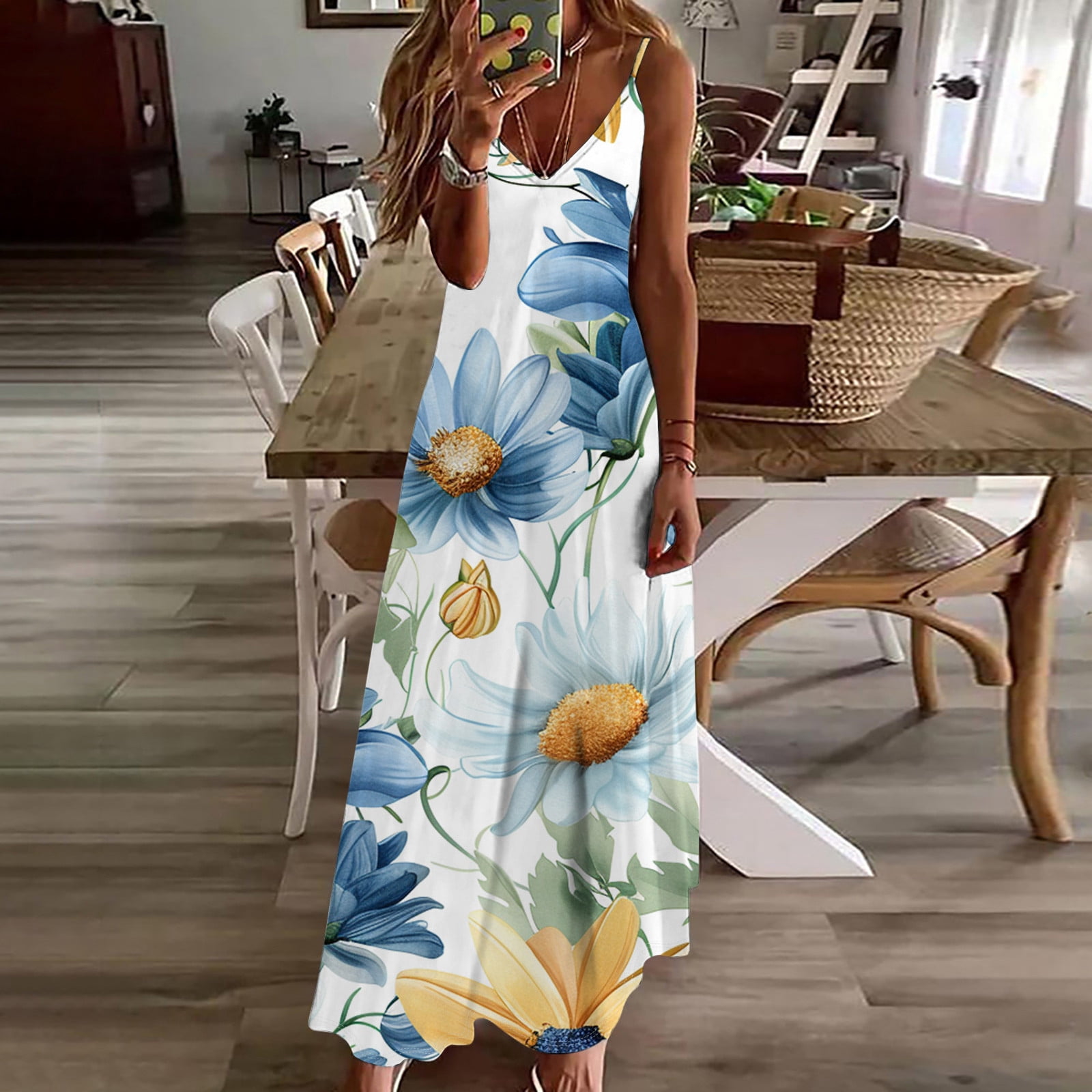 Linen Summer Dress Amazhiyu Women's 100% - V-Neck Spaghetti Strap With Slit  & Pockets, Loose Fit Side Slit Dress