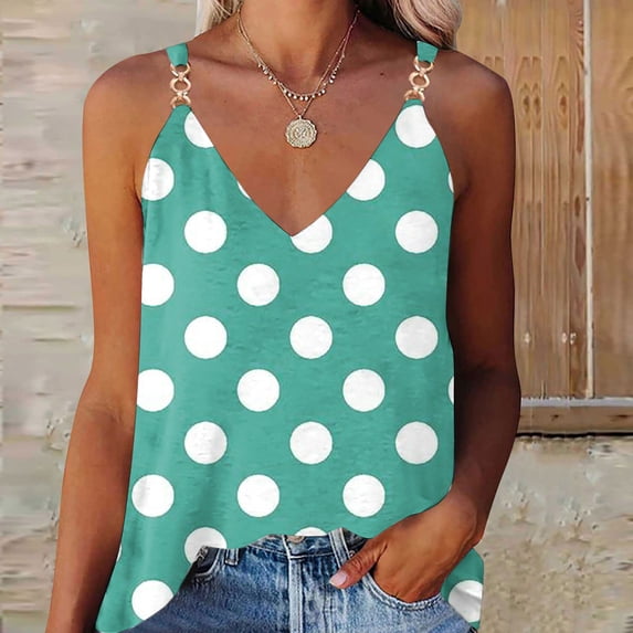 Sakmal V-Neck Summer Tanks for Women 2024 Sleeveless Green Lightweight Comfort Fit Polka Dot Comfort Sleeveless Shirts