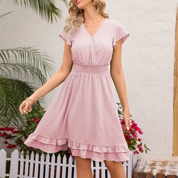 Sakmal V-Neck Sundresses for Women 2024 Pink Mid-Length Short Sleeve Ruffle Solid Basic A-Line Dress