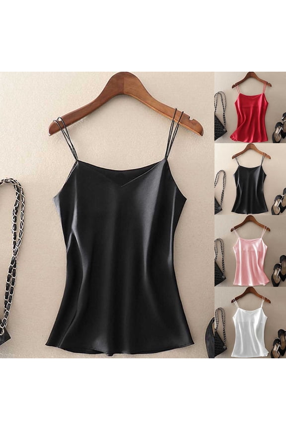 V Neck Tank Tops Women Camisole Satin Slim Fitted Plus Size Shirts Solid Black Beach Vacation Tank Tops for Women L
