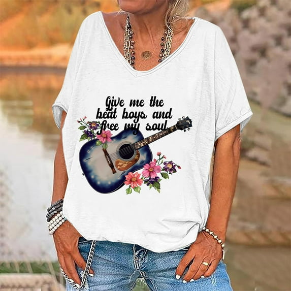 Sakmal V-Neck Tees Graphic Short Sleeve Vintage Shirts White T-Shirts Spring Tops for Women