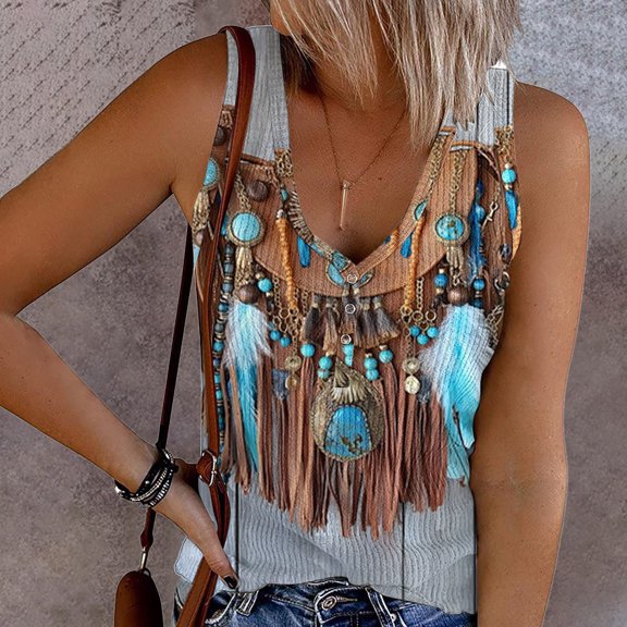 Sakmal V-Neck Tees Vintage Sleeveless Ethnic Shirts White Spring Tops for Women