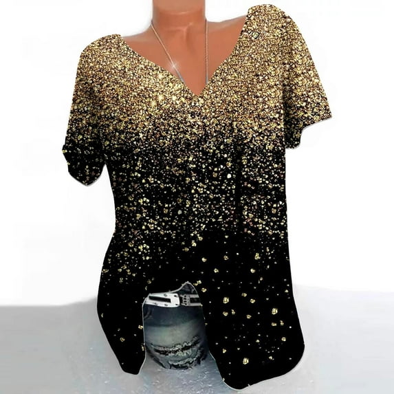 Sakmal V-Neck Tees for Women Cocktail Party Oversized Short Sleeve Fashion Shirts Black T-Shirts Womens Summer Tops