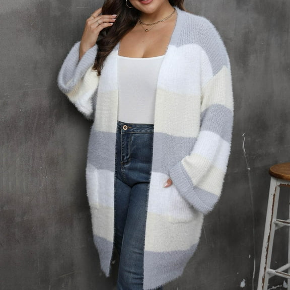Sakmal V Neck Womens Cardigan Sweaters Plus Size Gray Cardigan Open Front Womens Outerwear Coat 3X
