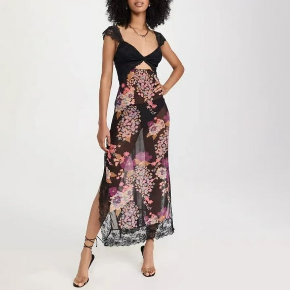 Sakmal V-Neck Womens Dresses Long Black Sleeveless Floral Sexy Lace Cutout Fit & Flare Dress