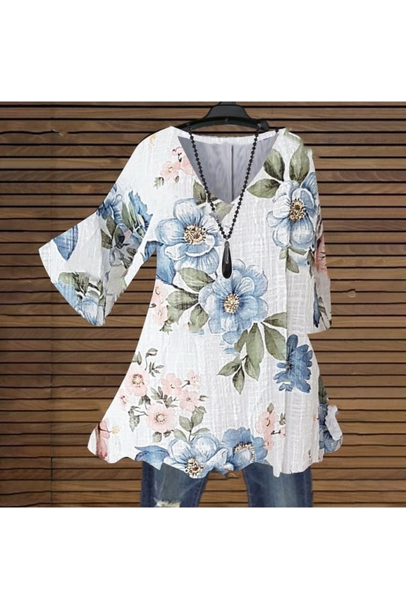 V-Neck Womens Fashion Tops Elbow-Length White Floral Loose Fit Flowy Womens Blouses Under $10