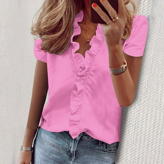 Sakmal V-Neck Womens Fashion Tops Pink Short Sleeve Ruffle Solid Ladies Shirts for Summer