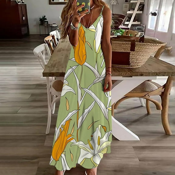 Sakmal V-Neck Womens Summer Dresses Long Pleated Loose Fit Sleeveless Floral Slip Dress