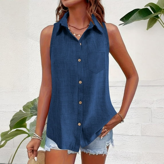 Sakmal V Neck Womens Tank Tops Button Up Shirts Casual Blue Solid Womens Tank Tops L
