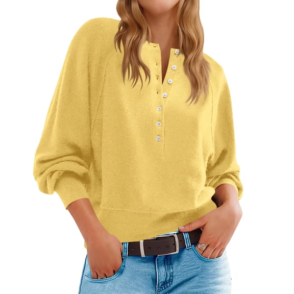 Sakmal V Neck Work Sweaters for Women Office Crop Yellow Casual Plain Ladies Sweaters L