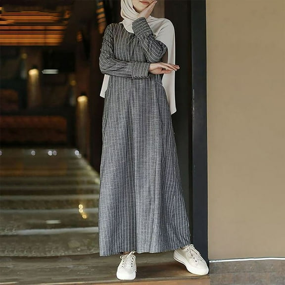 Sakmal Vacation Dresses for Women 2024 Maxi Dresses Cotton and Linen Striped Loose Casual Long Sleeve Ladies Dresses
