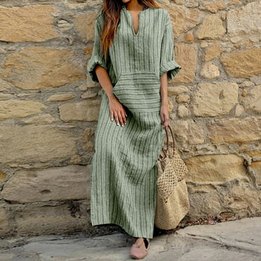 Sakmal Vacation Dresses for Women 2024 Maxi Green Shift Dresses Trendy Striped Long Sleeve Cotton and Linen Ladies Dresses Plus Size