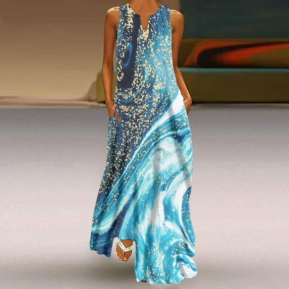 Sakmal Vacation Dresses for Women 2024 Maxi Light Blue Sun Dress Casual Sleeveless Trendy Plus Size Summer Dresses