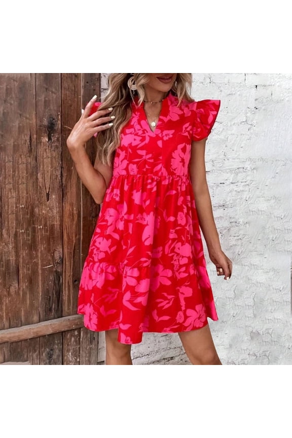 Vacation Dresses for Women Floral Ruffle Short Sleeve Red Comfort Fit Mid-Length Shift Dress