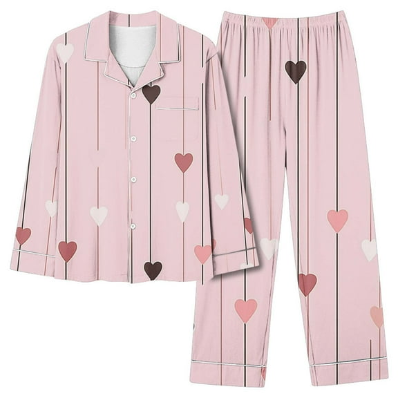 Sakmal Valentine's Day Pajamas for Women Set Plus Size Button Up Long Sleeve Shirt with Pants Love Cooling Nightwear Red Collared Womens Pajama Set L