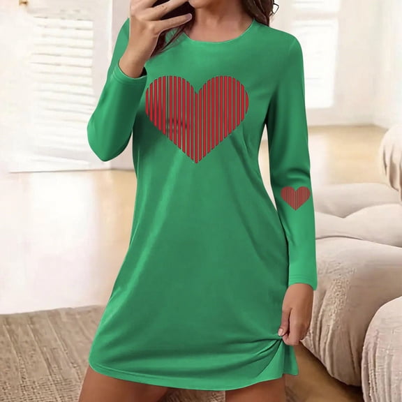Sakmal Valentines Moomoo Womens Nightgowns Love Cute Long Sleeve Sleep Dress Knee Length Heart Print Ladies Nightgown L